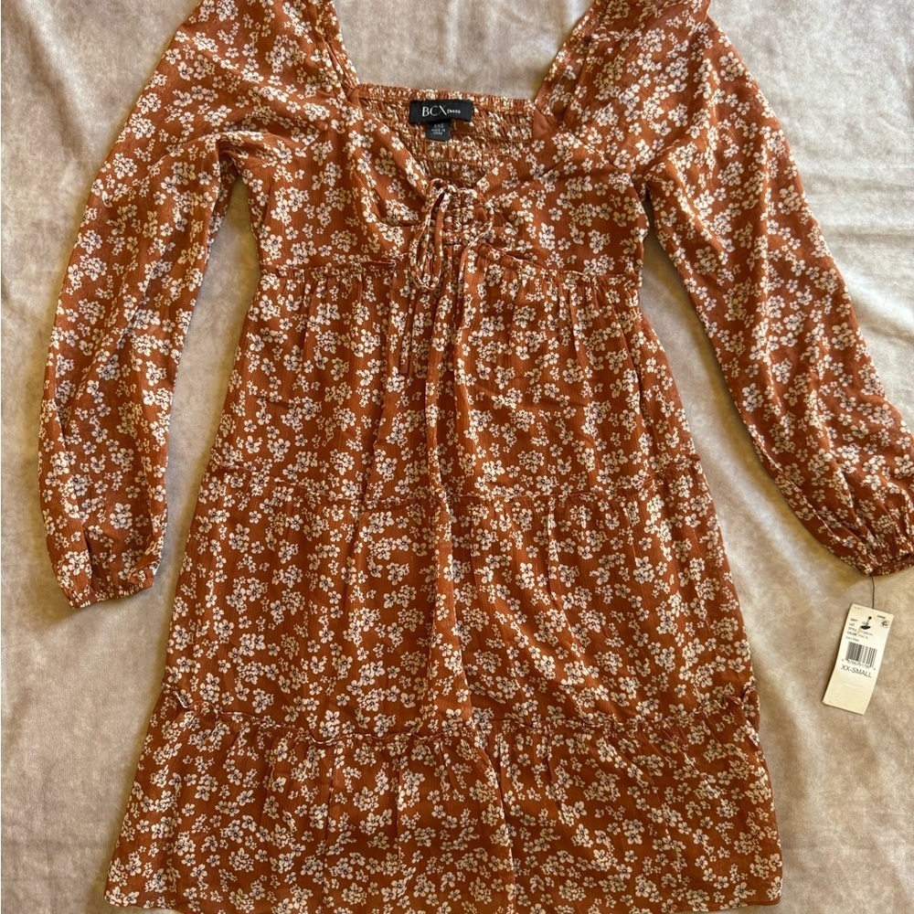 BCX Rust Orange Dress with White Floral Pattern